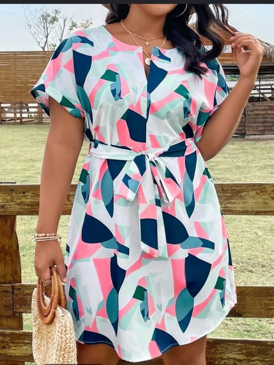 SHEIN Dresses & Skirts - SHEIN Abstract Print Belted Short Sleeve Dress in Navy, Pink & Mint